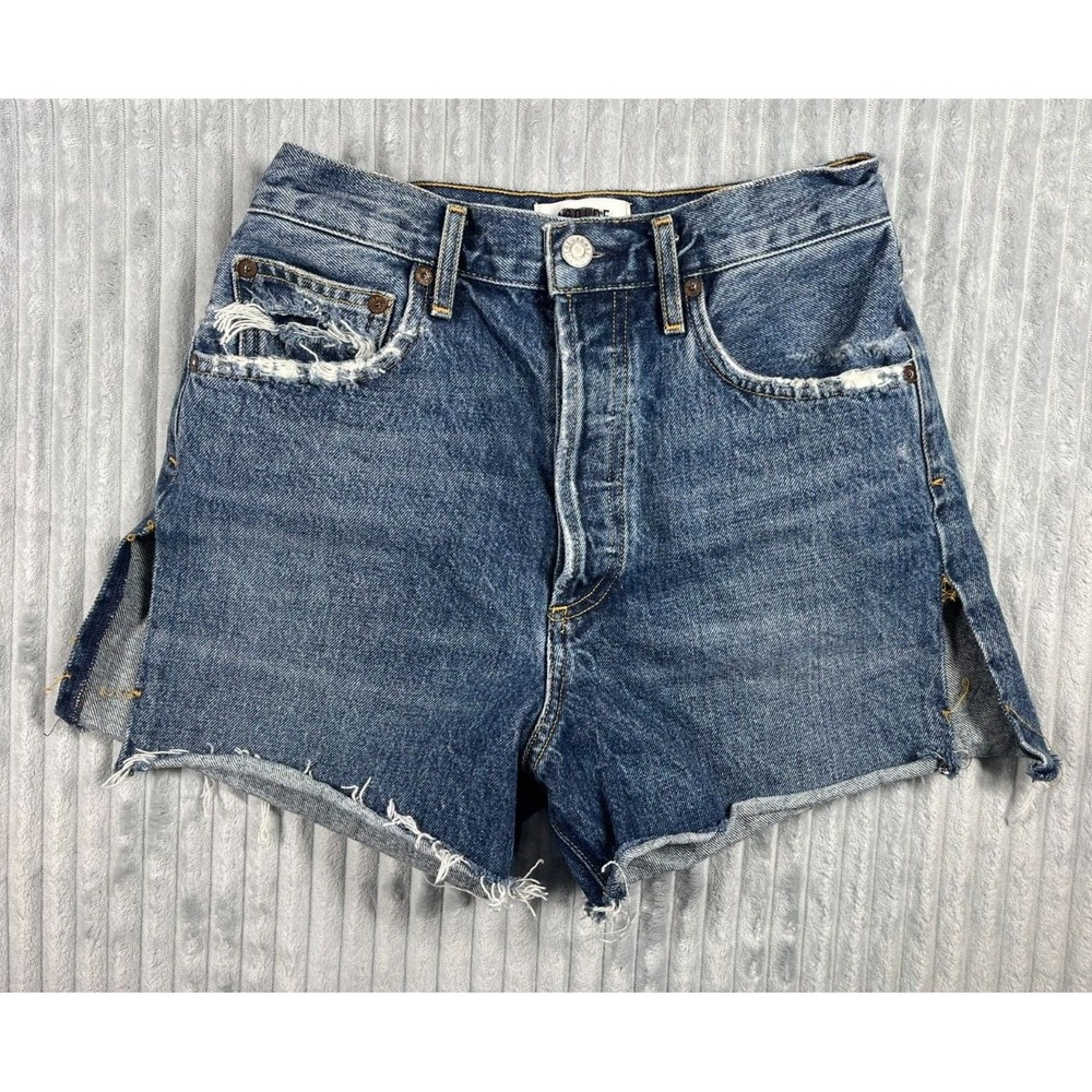 Agolde Dee Shorts Women's 26 Distressed Medium Wash Hi-Rise Button Fly 3" Preppy